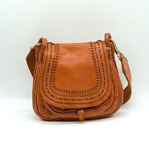 CAMPOMAGGI Laser Cut Loop Bag Cognac Saddle Shoulder Made Italy Distressed